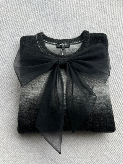 Chanel 25 Bow Round Neck Sweater Black Gray Cashmere 316413