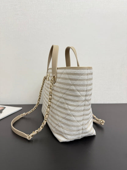 Chanel 26 Woven Beach Bag 46 White Light Beige Canvas Leather
