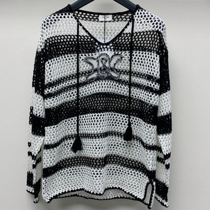 Celine 25  Hollow Crochet Cardigan Black White Wool Polyester 277568