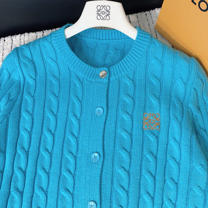 Loewe 2025 Knitted Embroidered Logo Button-Up Cardigan Blue Wool 289137