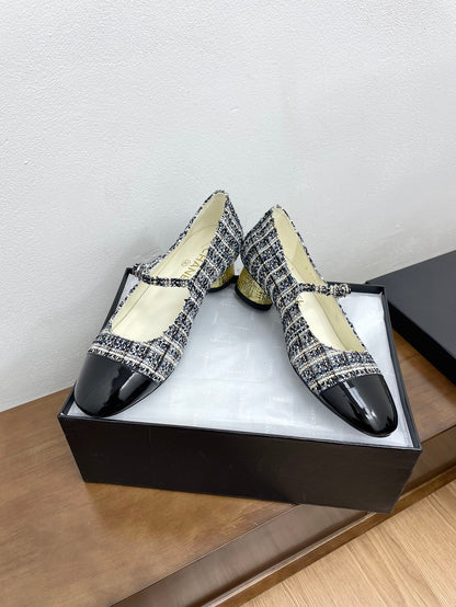 CC Mary Jane Black Tweed Farbic And Cowhide