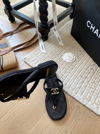 CC 25 Flip Flop Sandals Black Calfskin Espadrilles