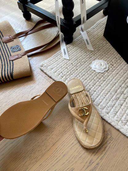 CC 25 Flip Flop Sandals Beige Suede Calfskin Espadrilles