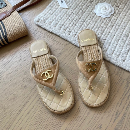 CC 25 Flip Flop Sandals Beige Suede Calfskin Espadrilles