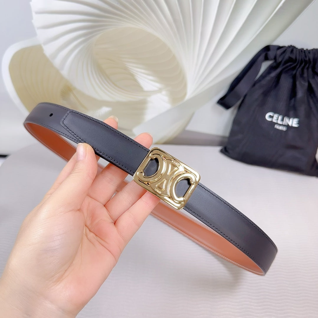 CL MEDIUM 25 MM REVERSIBLE FRAMED TRIOMPHE BELT BLACK AND BRONZE BROWN CALFSKIN LIGHT GOLD HARDWARE