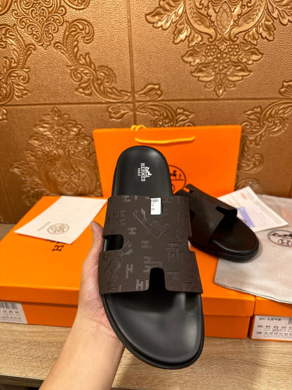HM IZMIR SLIPPER BLACK AND DARK BROWN CALFSKIN