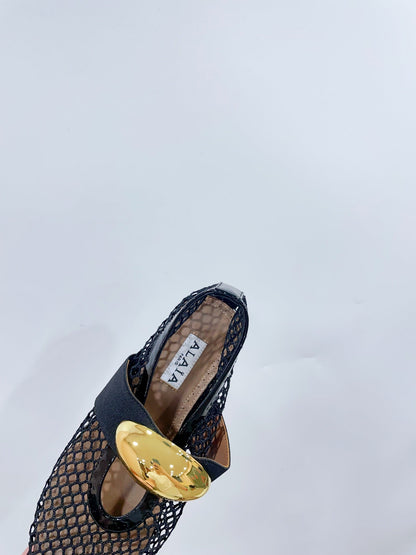 ALAIA MARY JANE SHOES IN BLACK MESH WITH GOLD HARDWARE