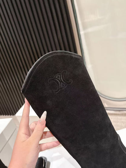CELINE 25 Mid Calf Cowboy Boots Black Suede 434426