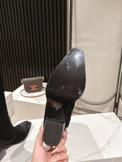 CELINE 25 Mid Calf Cowboy Boots Black Suede 434426