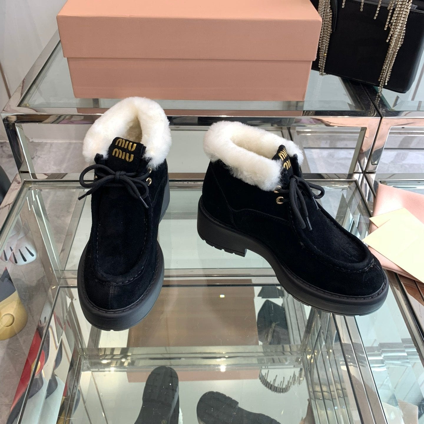 Miu Ankle Boots Black Open-Hemmed Cowhide