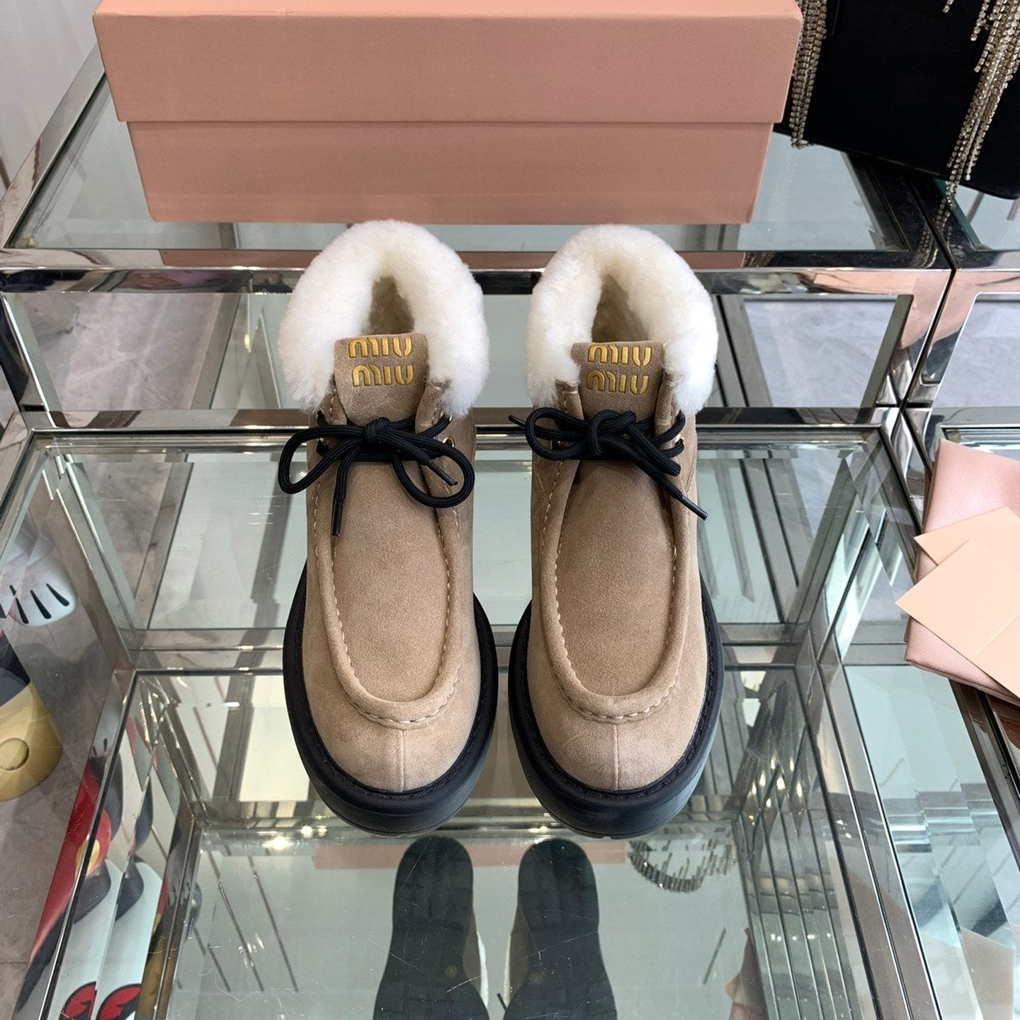 Miu Short Wool Boots Khaki Brown Open-Hemmed Cowhide