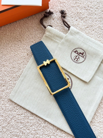 HM Gold Tube H Buckle Belt 38mm Prussian blue Black Leather 187522