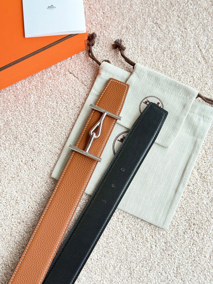 HM Jumbo Buckle Belt 38mm Brown Black Leather 187559