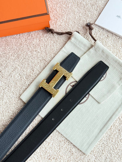 HM Gold H Guillochee Buckle Belt 32mm Black Leather 187597