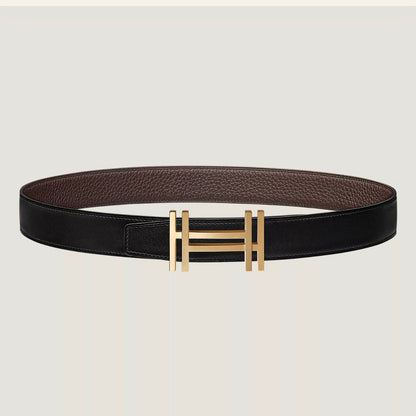 HM H au Carre Buckle Belt 32mm Black Chocolate Leather 187769