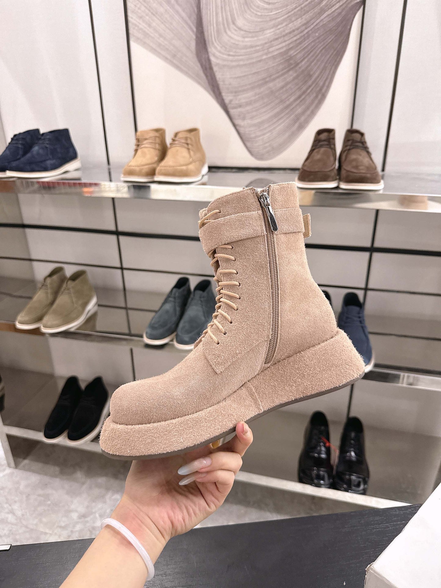 The Row 2025 Lace-up Boot Apricot Suede 543369