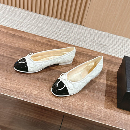 ballet flat cream quilted lambskin black patent calfskin