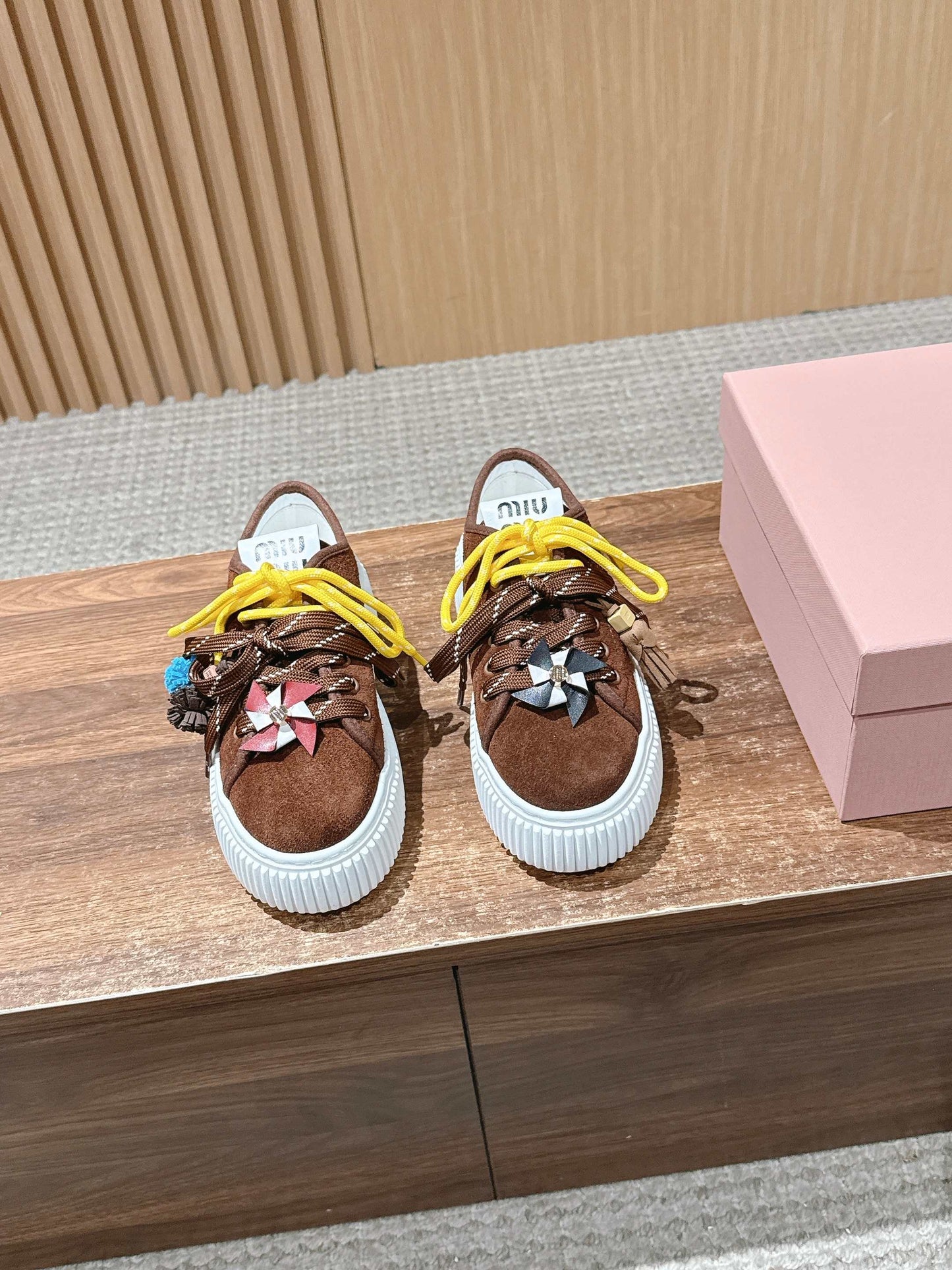 Miumiu 25 Platform Sneakers Brown Yellow Suede Wool 553691