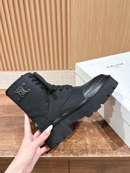 Celine 25 Bulky Lace-up Boot Black Canvas Calfskin 554013