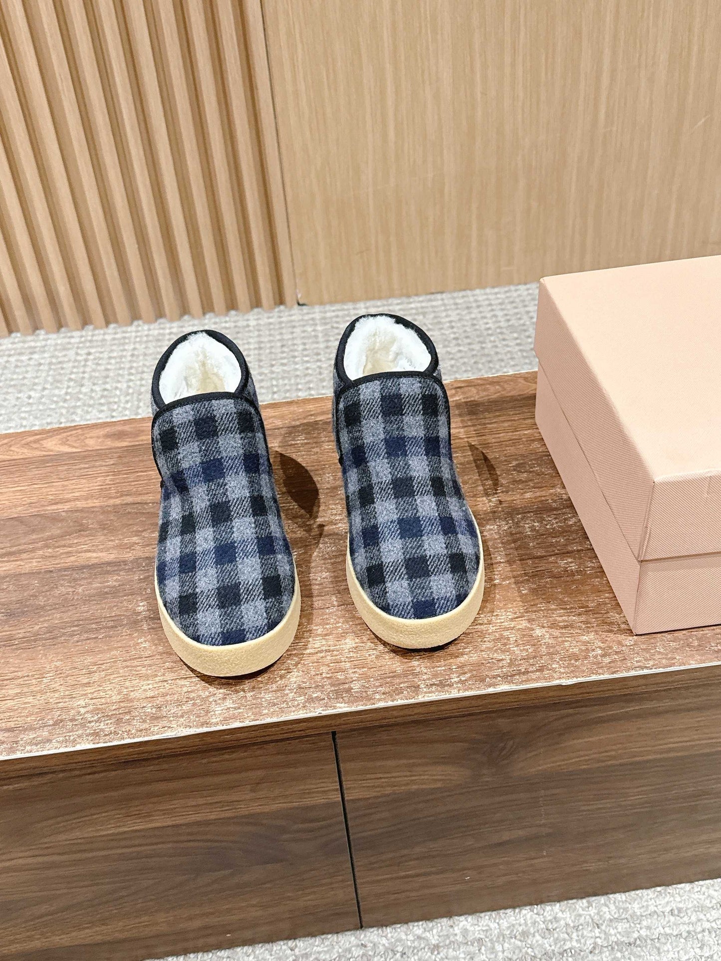 Miumiu 25 Plaid Slip-on Boot Blue Mix White Suede Wool 553703