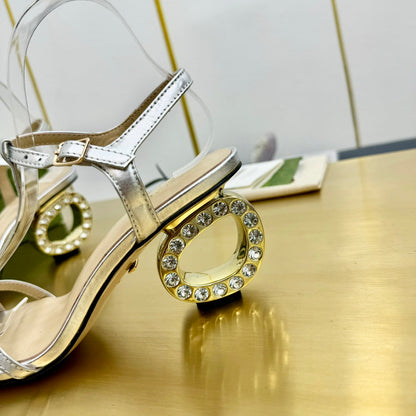 MEDIUM-HEEL SANDAL IN SILVER CALFSKIN WITH RHINSTONES