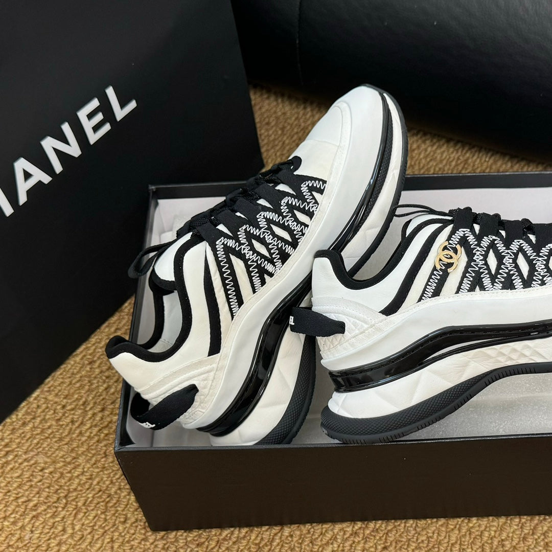 CC Sneaker White Mix Black Calfskin And Silk Parachute Fabric 947510