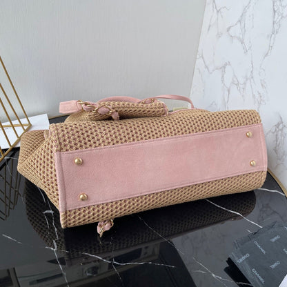 CC 25 Deauville Tote Bag 34cm Beige Pink Crochet Suede