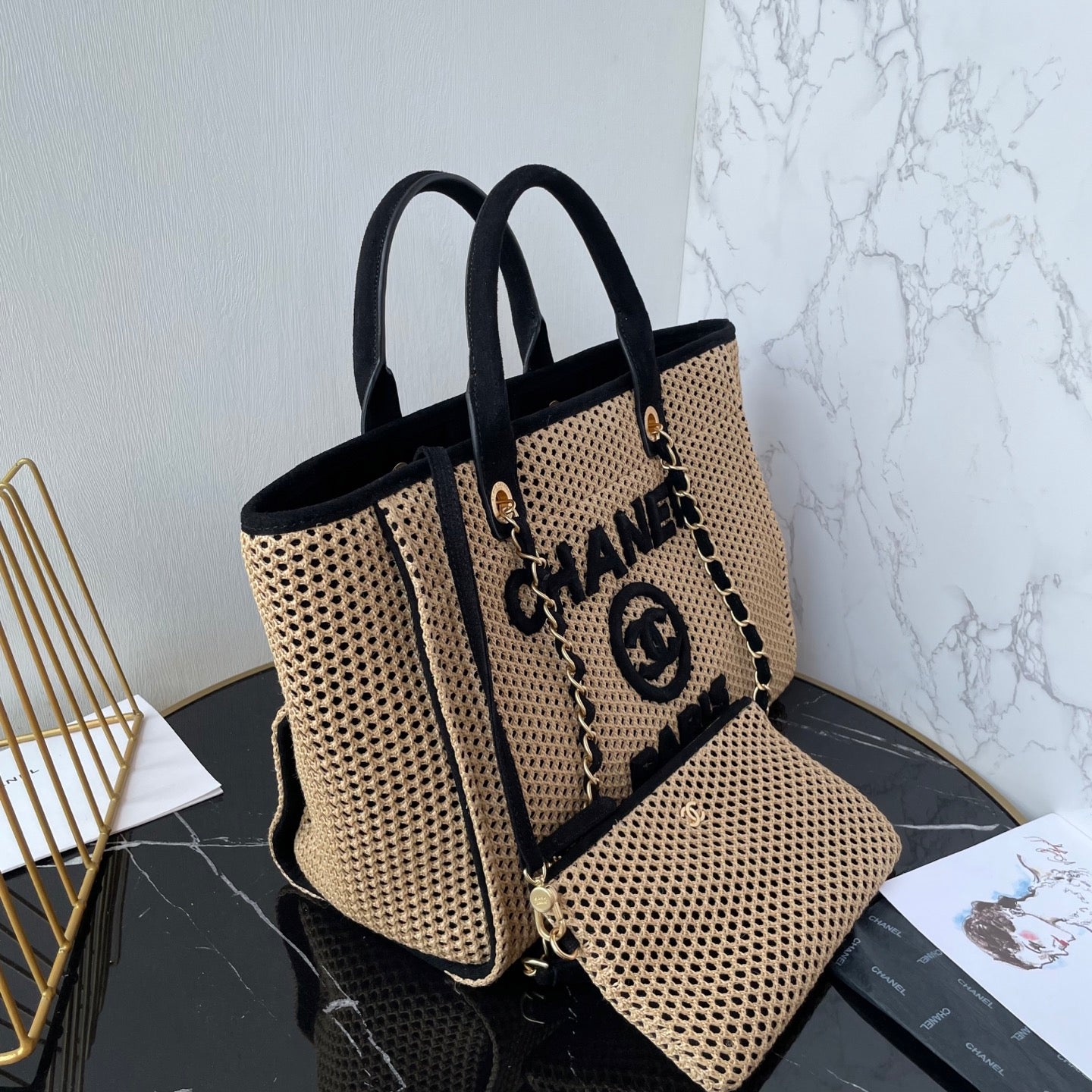 CC 25 Deauville Tote Bag 34cm Beige Black Crochet Suede