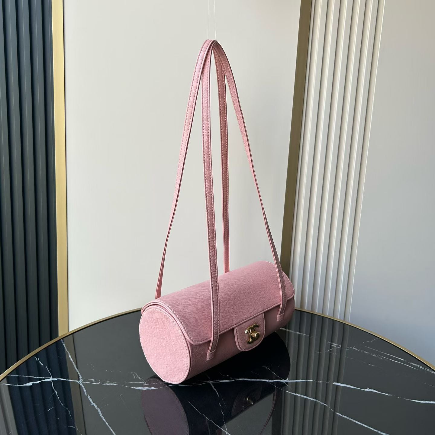 Chanel 2026 Bowling Ball Cylinder Bag 20.5cm Pink Caviar Leather 345494