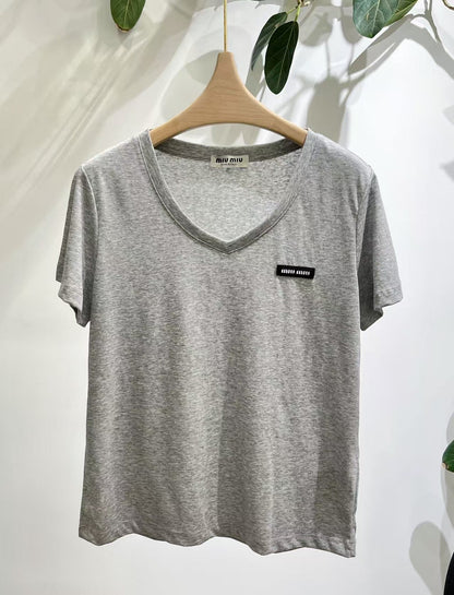 Miumiu 2026 V-neck short-sleeved T-shirt Cotton
