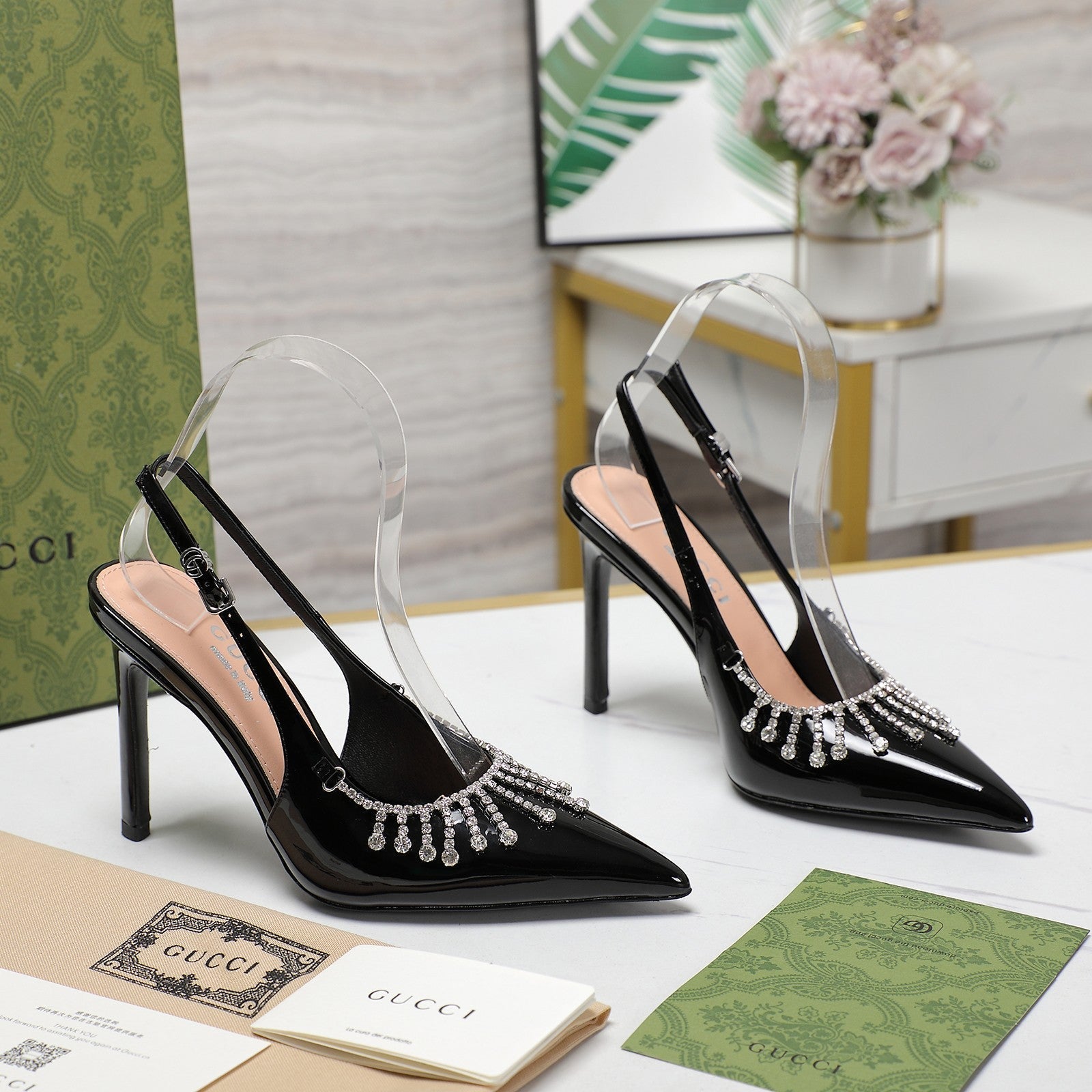 GG CRYSTAL HIGH HEEL SANDAL BLACK LAMBSKIN