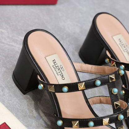 VT 25 Rockstud Heeled Sandals Black Sheepskin 289667