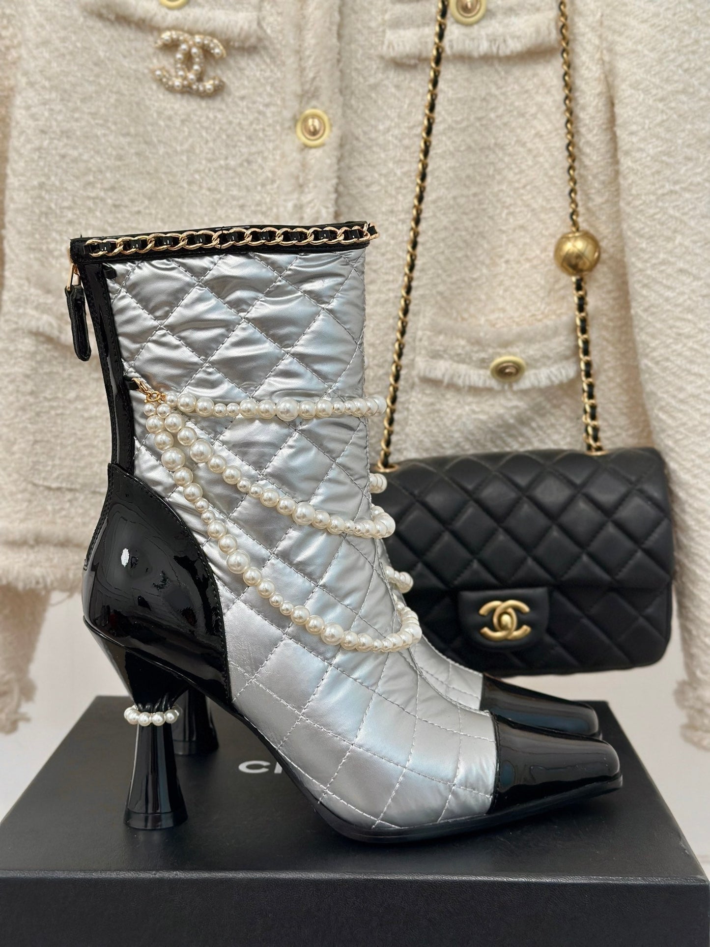CC Short Boots 80mm Silver Wrinkled Quilted Calfskin