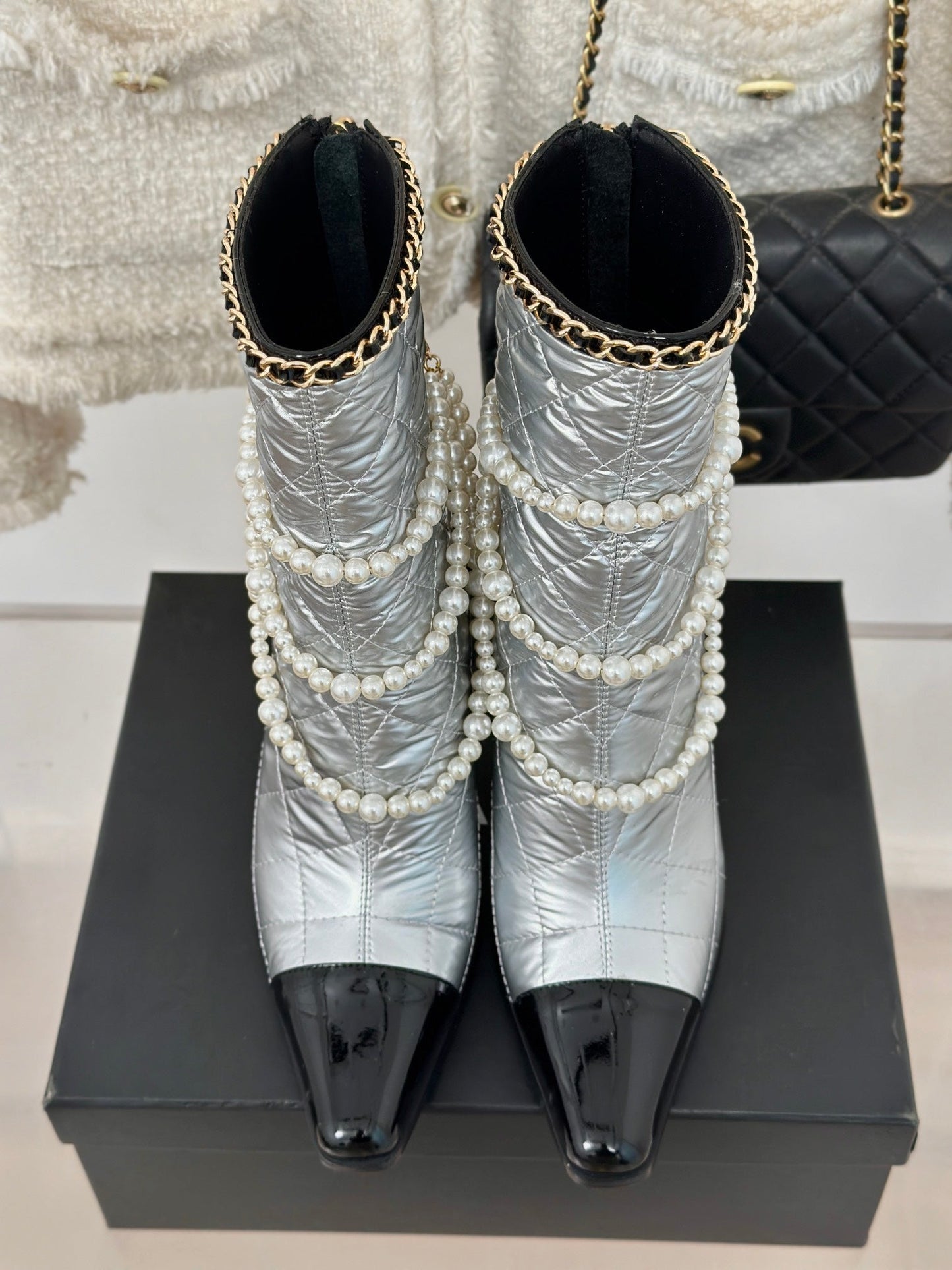 CC Short Boots 80mm Silver Wrinkled Quilted Calfskin
