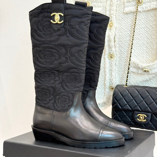CC cowboy mid-calf boots black sheepskin denim fabric 511980