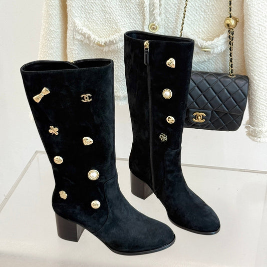 CC High Heel Boots Black Suede Mix Charm 512032