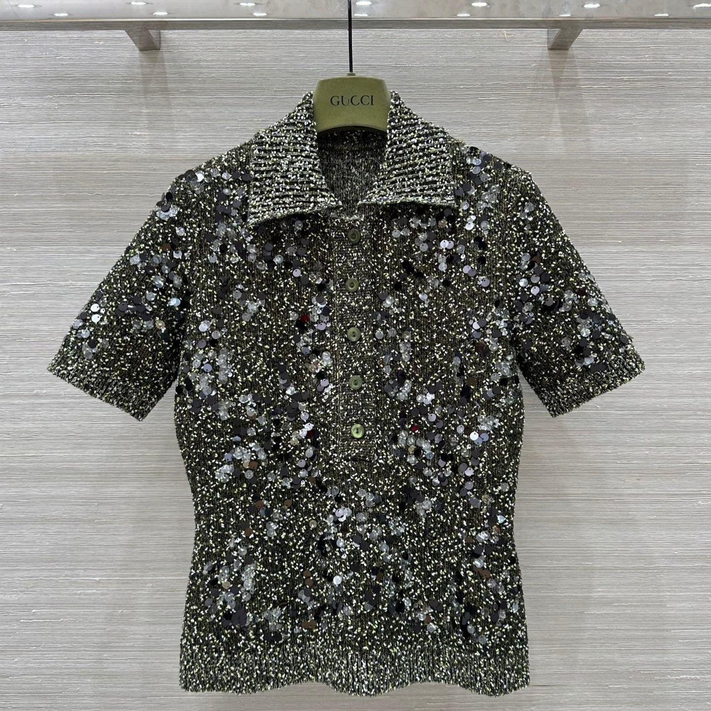 Gucci Knitted Polo Short-sleeved Top Green Wool