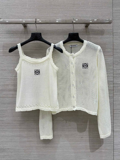 Loewe 25 Mesh Hollow Knitted Cardigan Ivory Wool