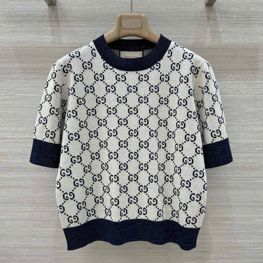Gucci 2025 Knitted Round Neck Short-sleeved Top Blue Gray Cotton