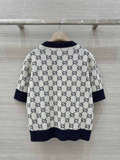 Gucci 2025 Knitted Round Neck Short-sleeved Top Blue Gray Cotton