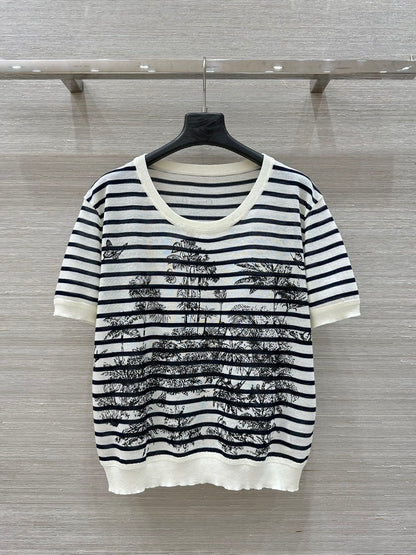 CD Coconut Knitted Short-sleeved Top Black mix White Cotton Polyester