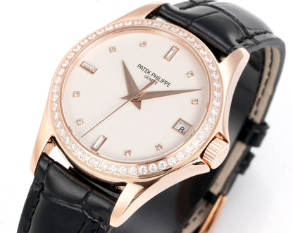 Patek Philippe Calatrava 37mm White Dial Black Leather Strap Watch