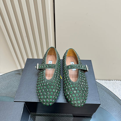 Alaia Strass Suede Ballet Flats In Dark Green 999318