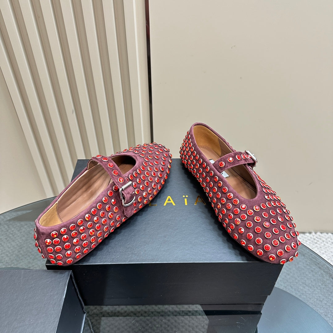 Alaia Strass Suede Ballet Flats In Red Purple 999328