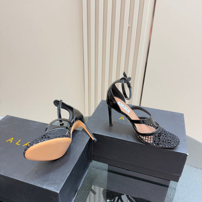 Alaia Fishnet Thong Heels Sandals Black Lambskin 299658