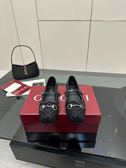 GC 25 Horsebit Ballet Flat Black Monogram Suede