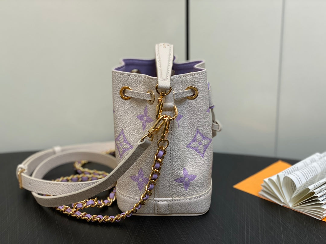 nano noe 13 cream purple monogram calfskin gold hardware