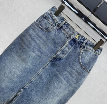 Chanel 2026 Patchwork Denim Midi Skirt Blue Cotton 363947