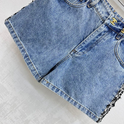 Chanel 2026 Patchwork and Hemmed Denim Shorts Blue Cotton 239252