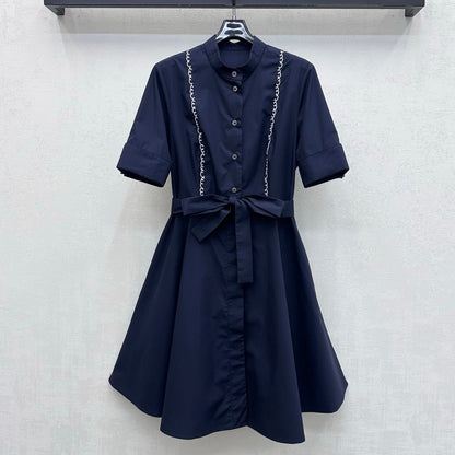 Dior 2026 Wave Embroidery Belt Dress Navy Cotton 627174